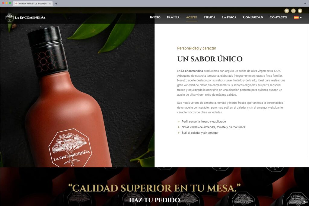 Vista de la web de La Encomendiña Aceite